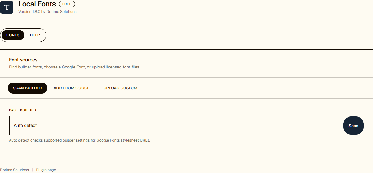 Local Fonts screen showing the builder scanner and the Google Fonts and custom upload source tabs.
