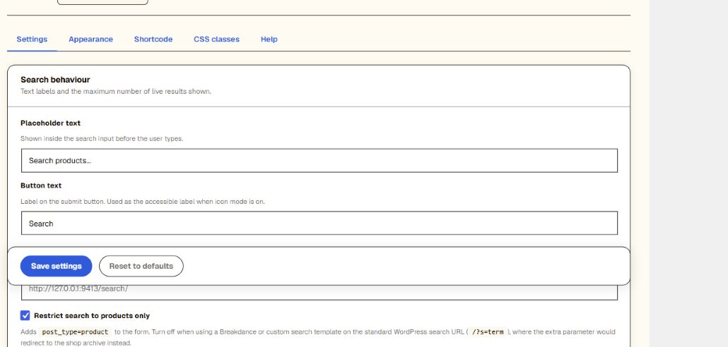 Woo Ajax Search settings for search behavior and result display.