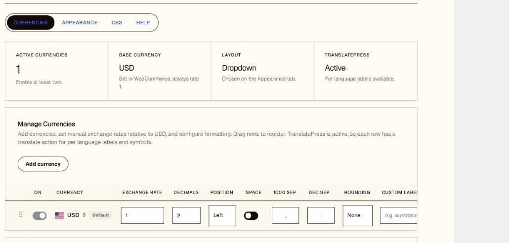 Woo Currency Switcher screen for managing currencies, placement, and translated labels.