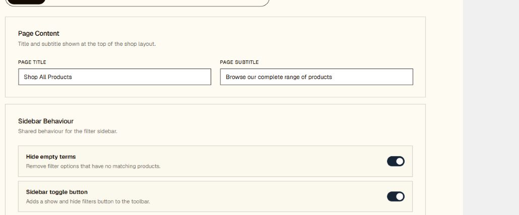 Woo Filters controls for shop-page content and filter-sidebar behavior.