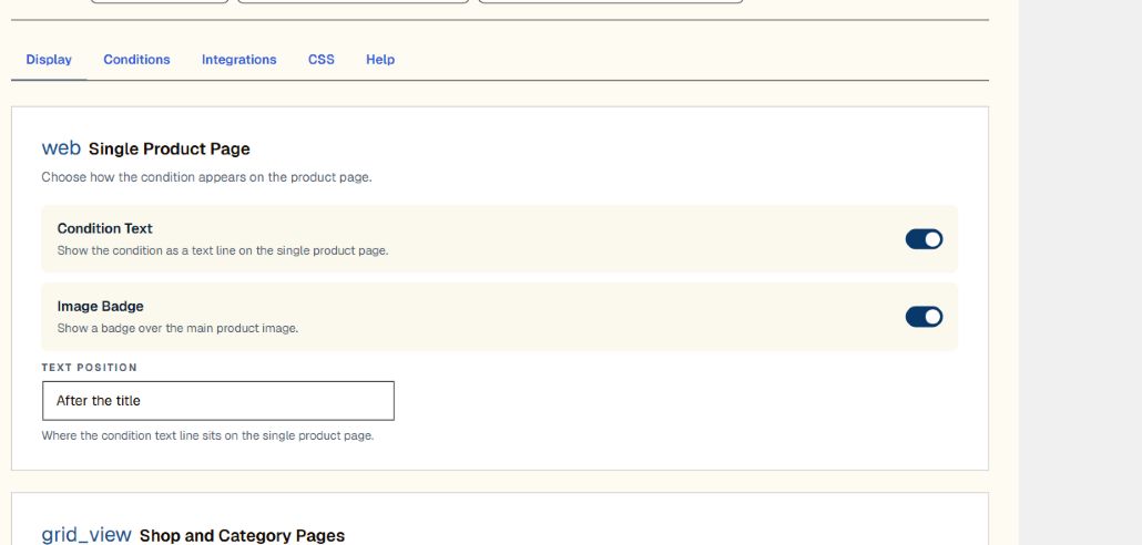 Woo Product Condition settings for single-product, shop, category, and appearance placement.