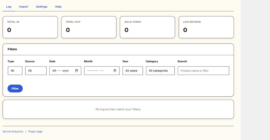 Woo Product Log screen with filters for narrowing recorded product changes.
