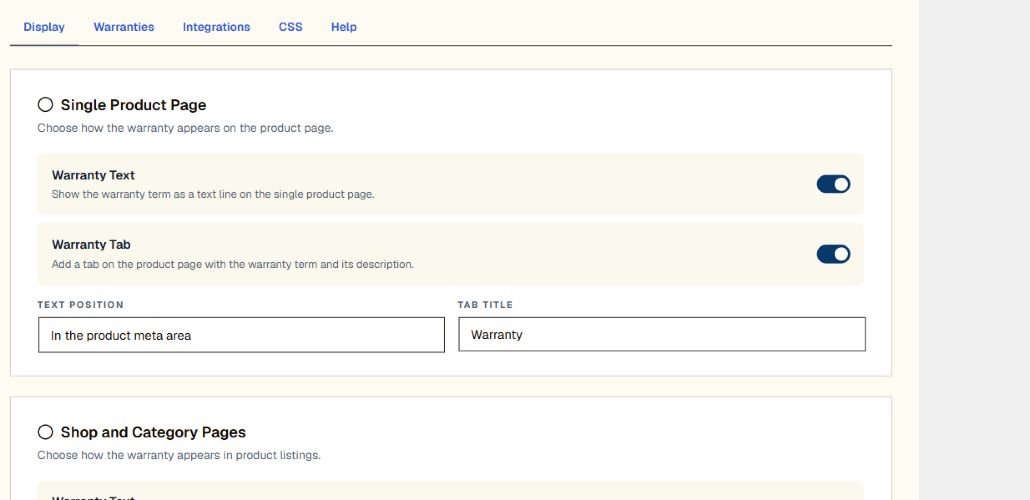 Woo Product Warranty settings for product pages, shop pages, appearance, and coverage dates.
