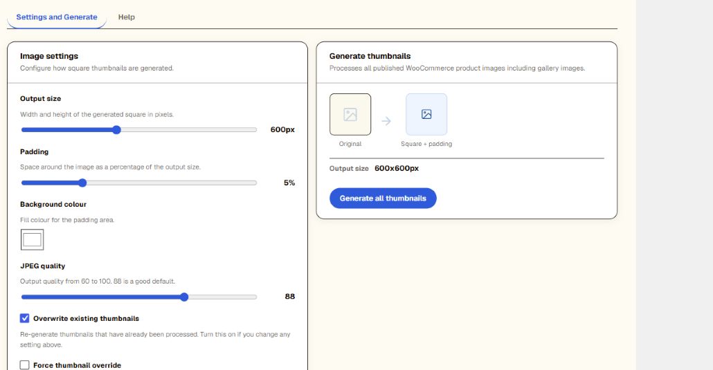 Woo Thumb Generator settings for image sizes and thumbnail generation.